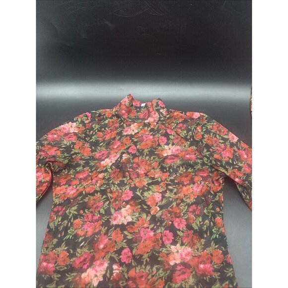 Good American BLACK W/ PINK RED Floral Mesh Mock Neck Bodysuit Thong Sz 2 - Picture 3 of 11